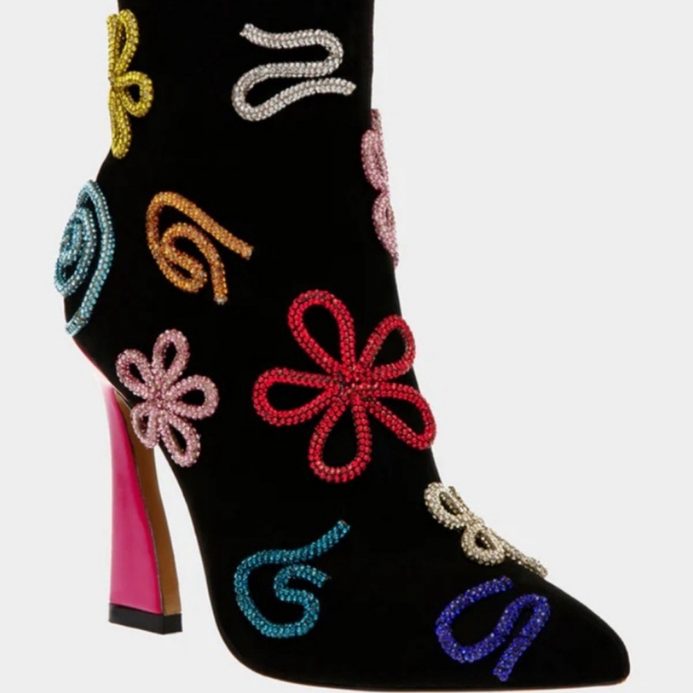 Betsey Johnson Black Heeled Boots with Colorful Embellishments